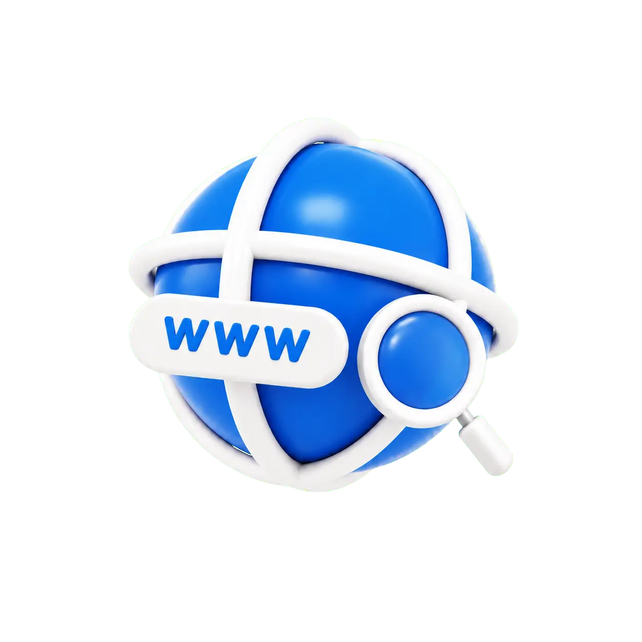 3D web domain search icon with WWW globe and magnifying glass for domain intelligence